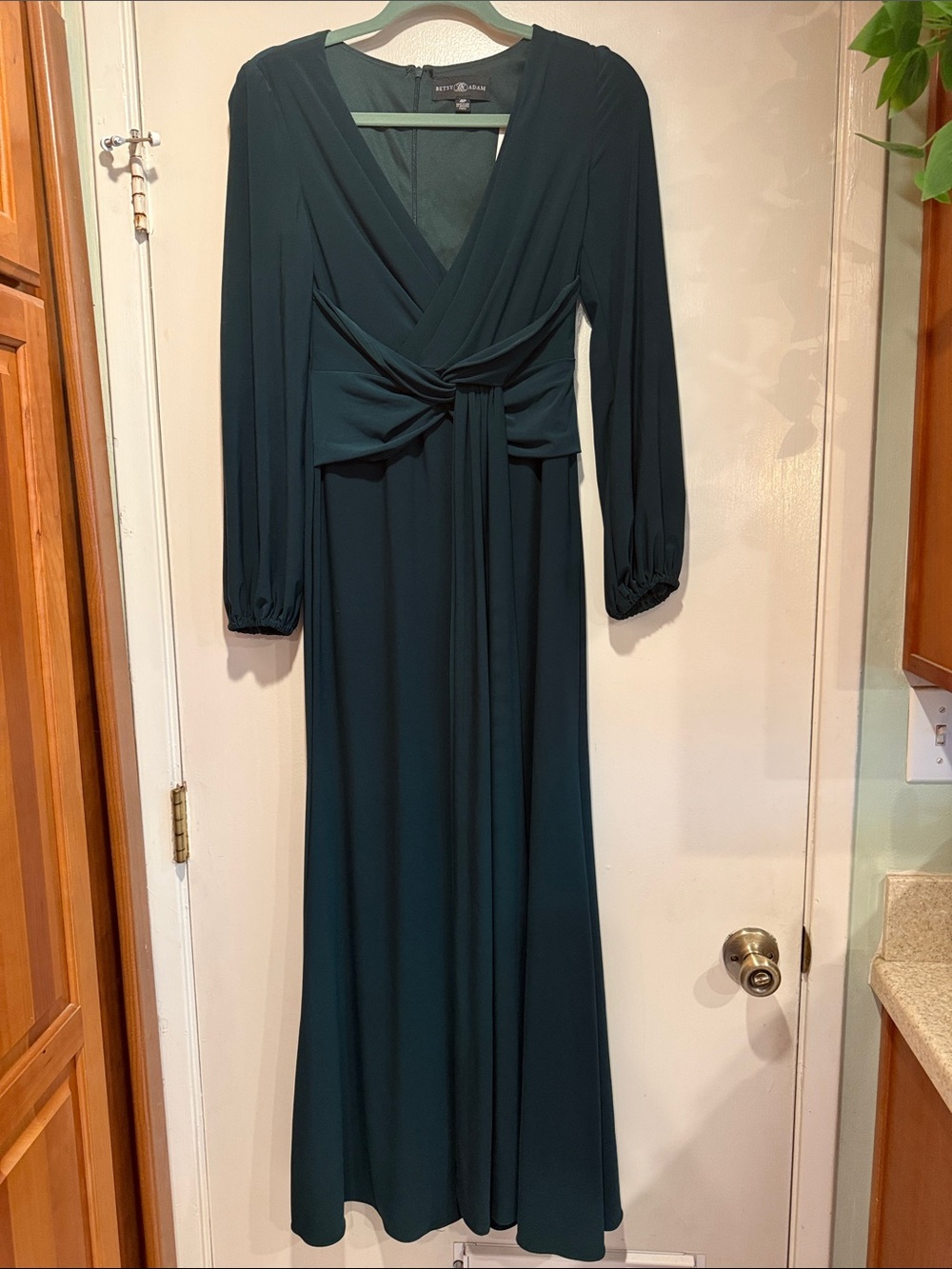 Betsy & Adam Women's Floor-Length, Long Sleeve, Front Knotted, Gown (4 Petite)